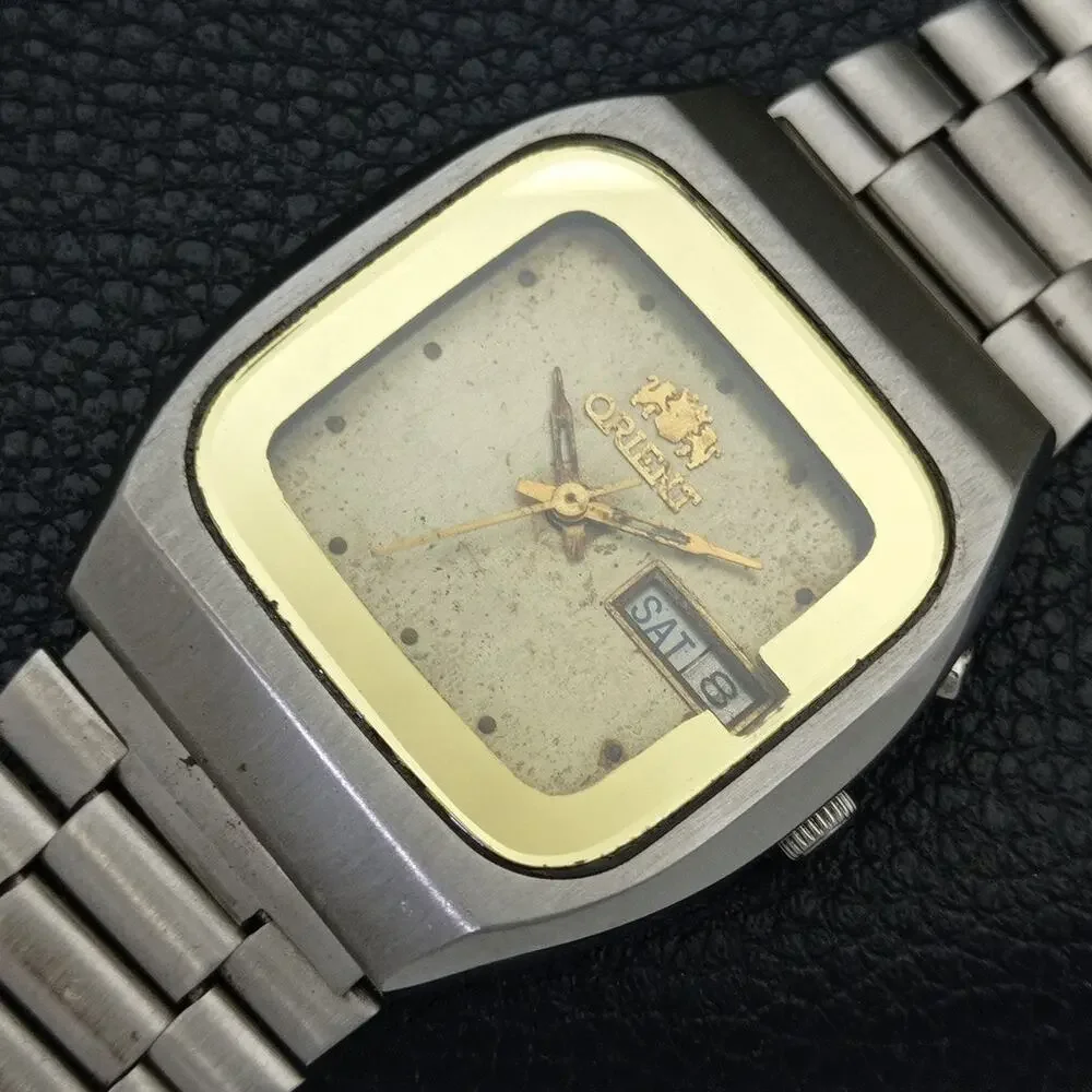 Vintage 1984 Square Orient Automatic Mens Silver Watch W/daydate & Gold accents